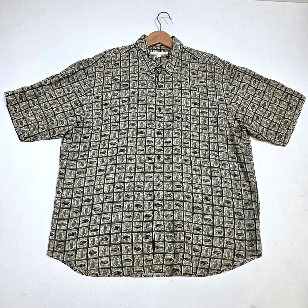 Perry Ellis Button Down Shirt Mens XL Multicolor Leaf Print Short Sleeve Casual